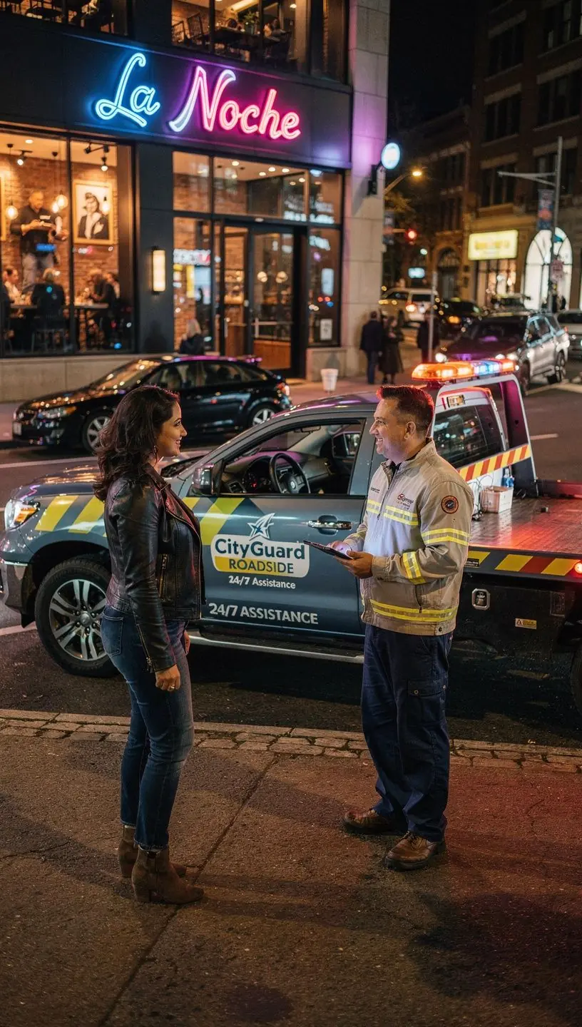 Pracownik pomocy drogowej udzielający wsparcia kierowcy na poboczu drogi.