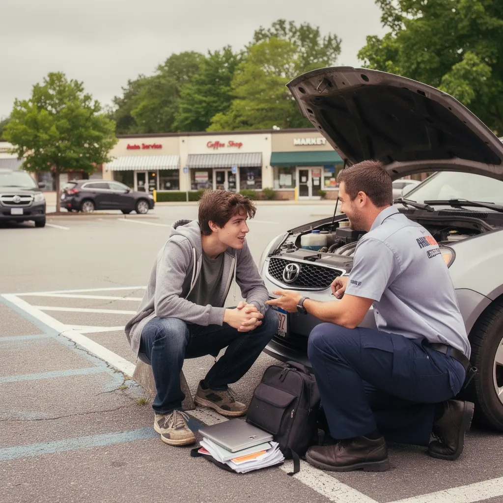 Kierowca korzystający z telefonu, aby uzyskać pomoc w sytuacji awaryjnej na drodze.