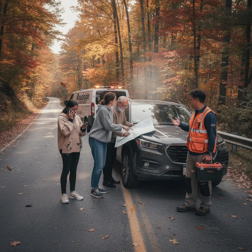 Pojazd zastępczy gotowy do użycia, stojący obok uszkodzonego samochodu na poboczu.