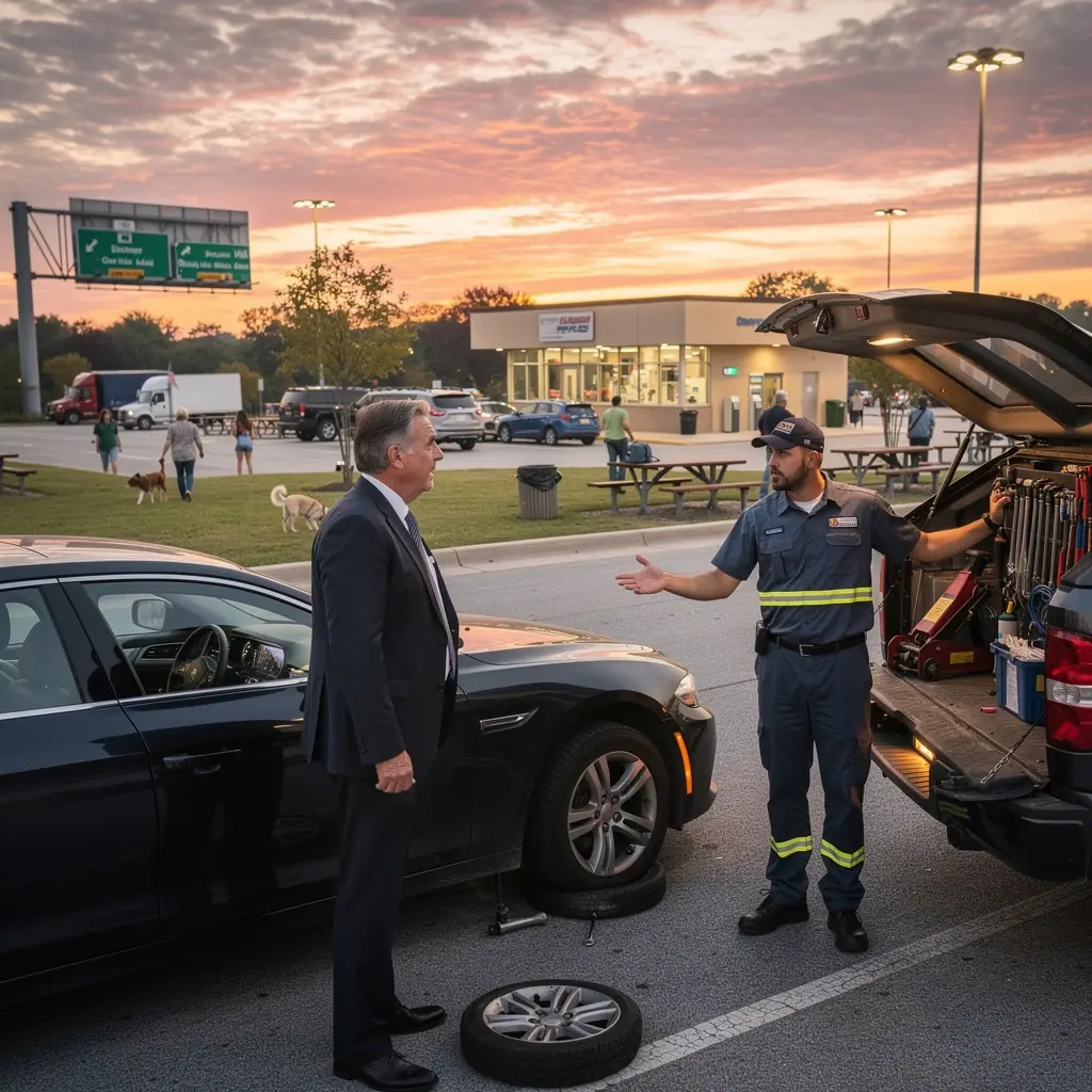 Pomoc drogowa z działającym samochodem na poboczu, oferująca wsparcie 24 godziny na dobę.