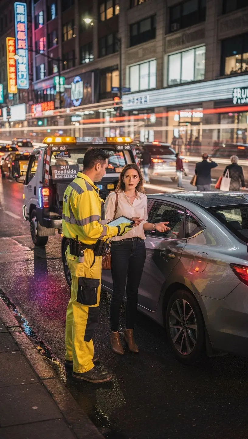 Pomoc drogowa z lawetą w akcji, z pracownikiem obsługującym uszkodzony pojazd.
