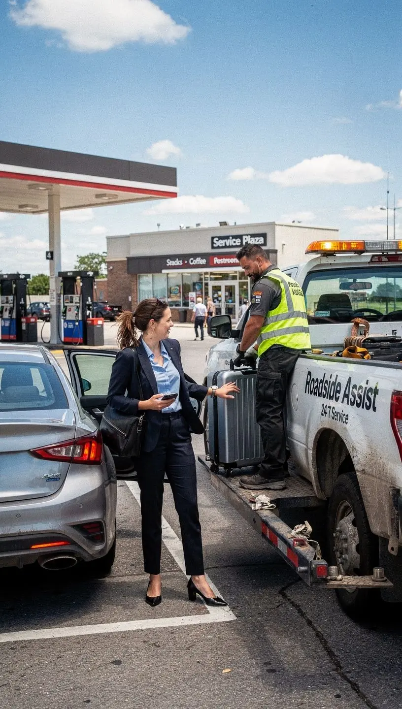 Pomoc drogowa z pracownikiem pomagającym kierowcy przy uszkodzonym pojeździe.